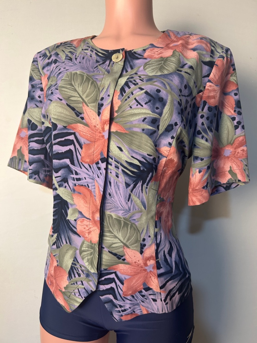 Kathy Che Vintage Design Tropical Print Padded Blouse Short Sleeve Size 14